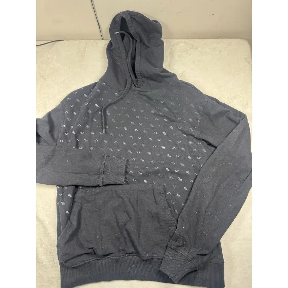 True Religion Men’s Medium Black Monogram Pullover Hoodie Horseshoe Logo